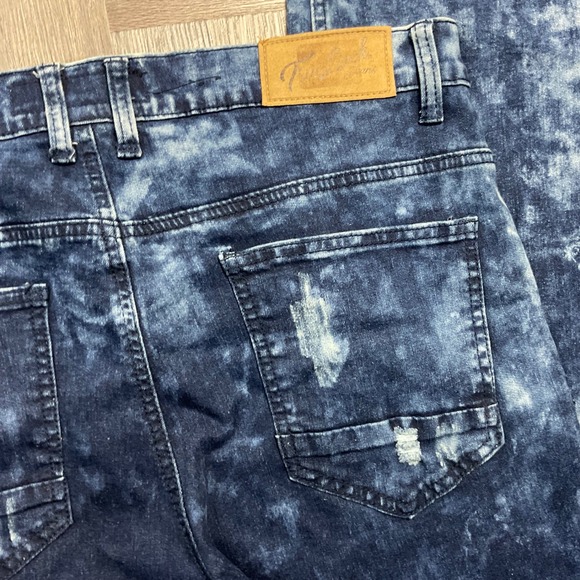 True Luck Jeans Mens 36x34 Blue Distressed Acid Wash Slim Fit Moto Biker Denim - Picture 11 of 11